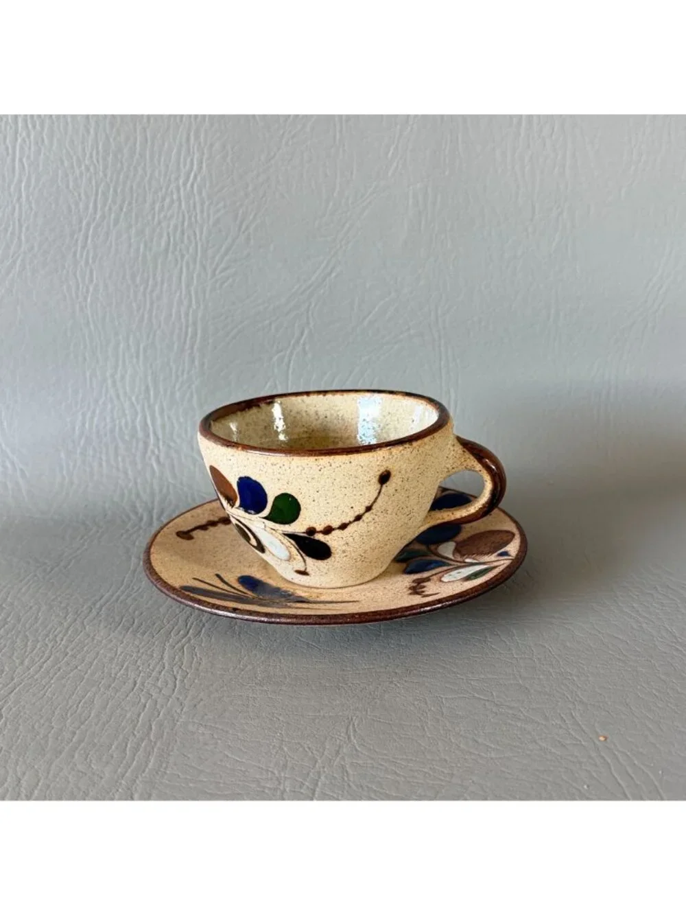 Vintage Tonala Mexico Studio Pottery Cup Saucer Set Signed Blue Butterfly 6